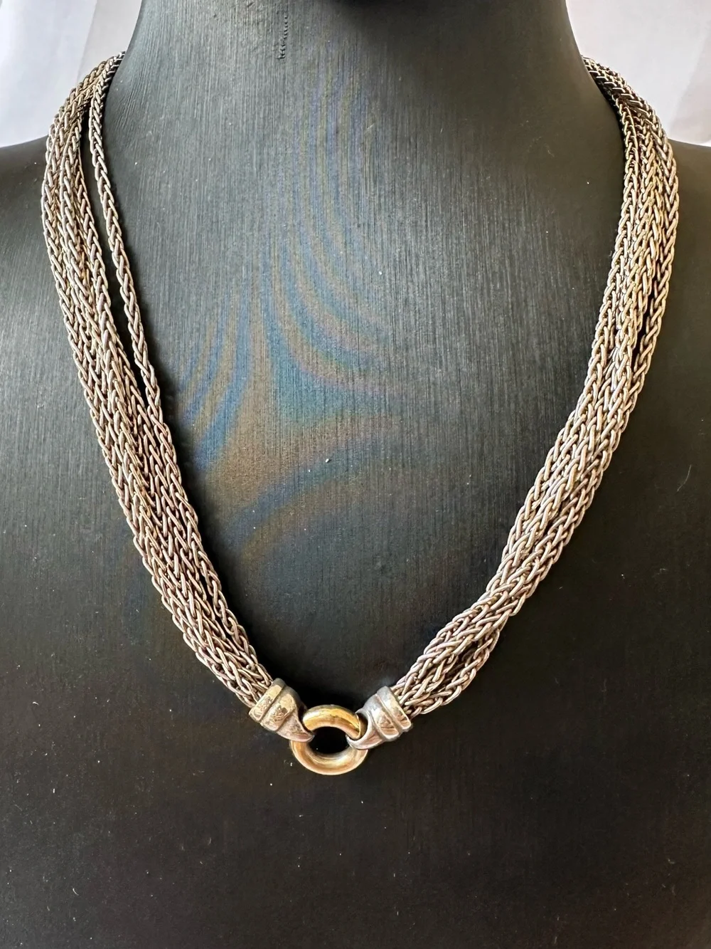 14k and 925 Sterling Multi-Strand Braided Chain Necklace with Ring Clasp